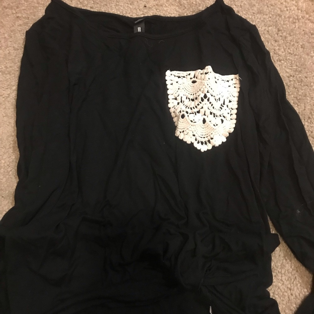 Black shirt with tie front and lace pocket